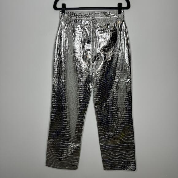 NWT NASTY GAL Premium Metallic Silver Croc Straight Leg Trousers 10 - Picture 3 of 5